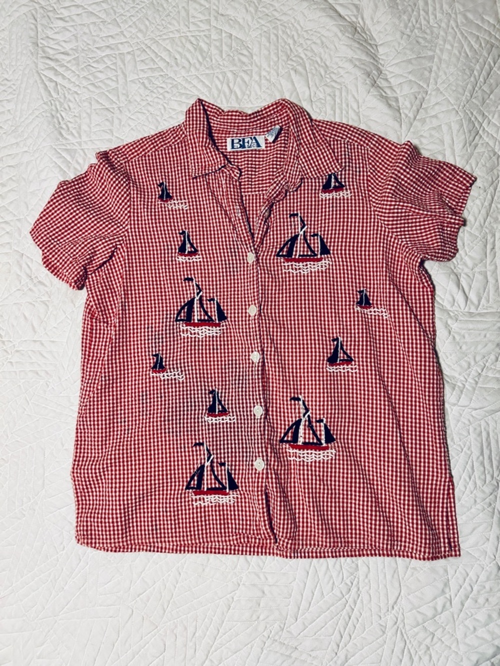 BFA Classics Brand Red Gingham Button Down Top w/ Embroidered Sailboats